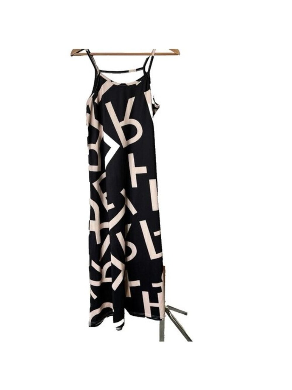 Black & Beige Geometric Print Sleeveless Maxi Dress , medium stretch